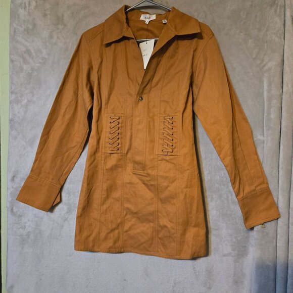 A.L.C. Rust Brown Cotton Long-Sleeve Dress Lace-Up Detailing/ Button Closure   2 - Picture 3 of 6